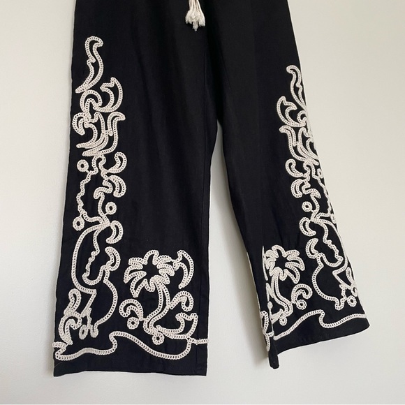 Joie Linen Blend Wide Leg Embroidered Cropped Pull-On Pants Palm Trees XS Black - Picture 3 of 10